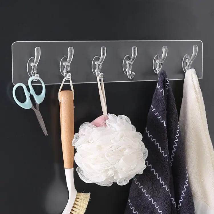 Pack of 3 Transparent Self-Adhesive Wall Hooks | 6-Row Multi-Purpose Storage Hangers
