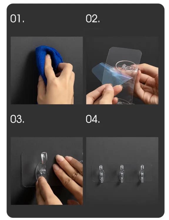Pack of 3 Transparent Self-Adhesive Wall Hooks | 6-Row Multi-Purpose Storage Hangers